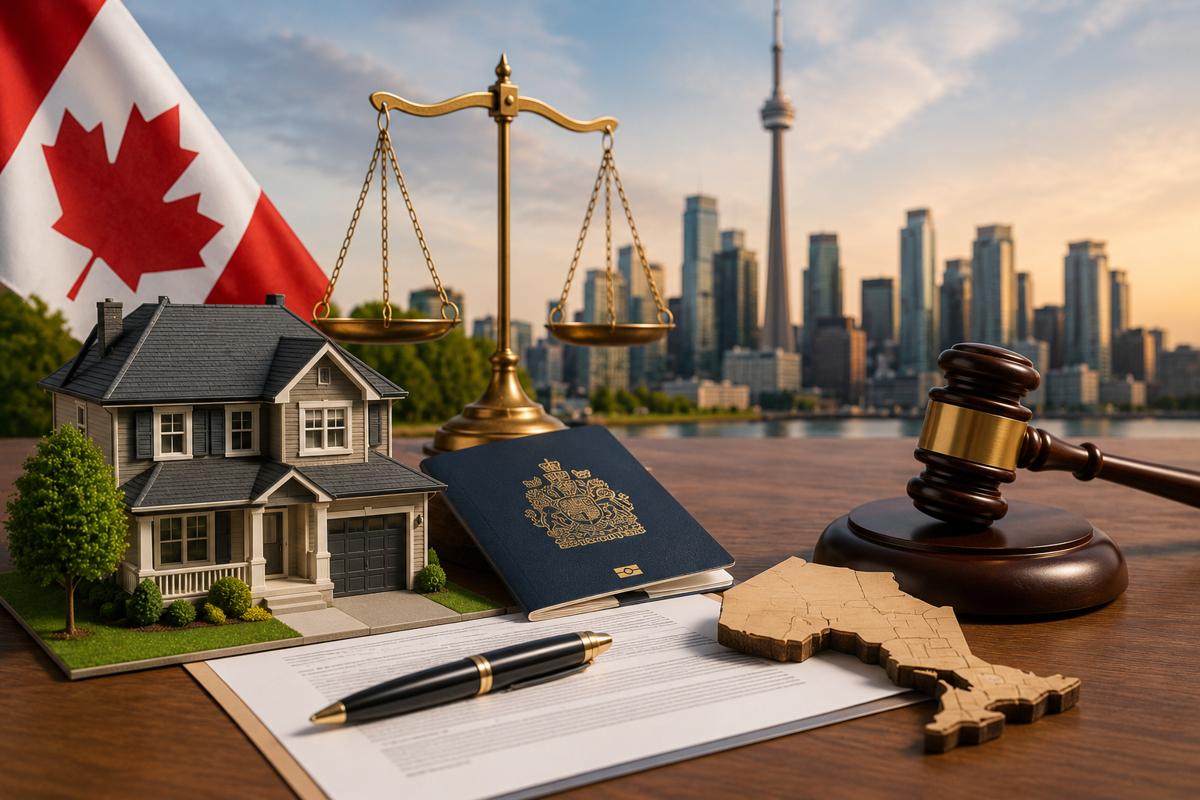 Ontario nominee exemption and NRST concept featuring a Toronto home, Canadian passport, Ontario map, Canadian flag, scales of justice, gavel, and legal documents.