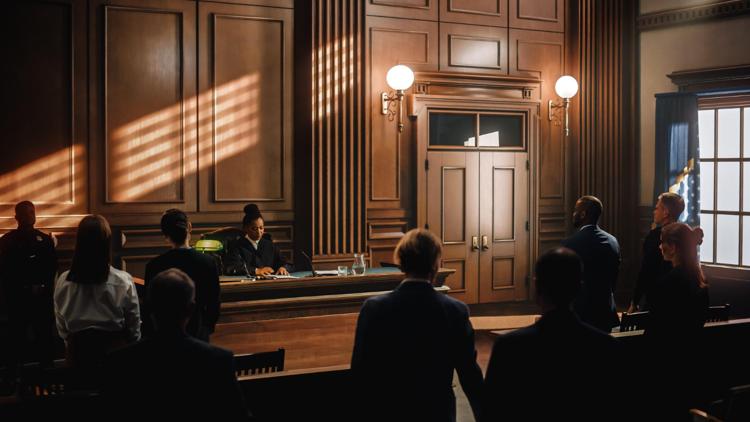 Courtroom scene of a trial in progress.
