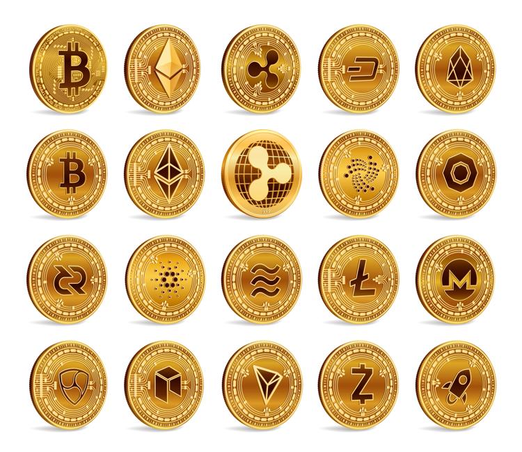 Various cryptocurrencies represented as gold coins