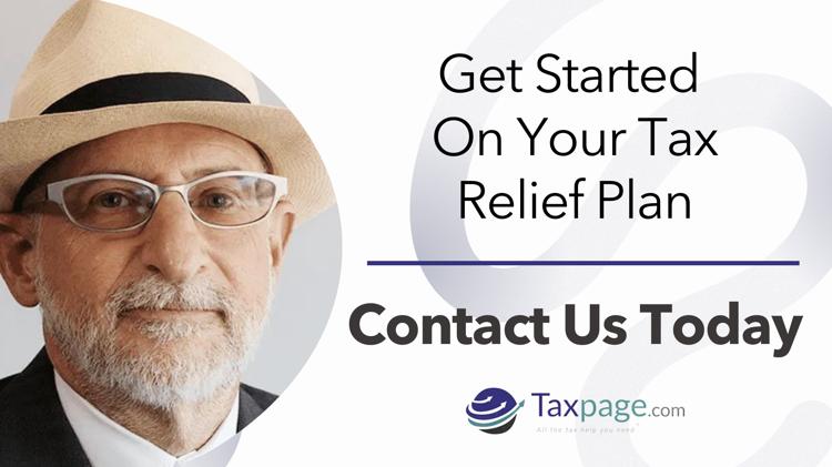 Promotional image for Taxpage.com featuring David J. Rotfleisch, alongside the text 'Get Started On Your Tax Relief Plan' with a call-to-action 'Contact Us Today.