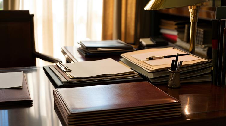 An office desk with records and files in organized piles