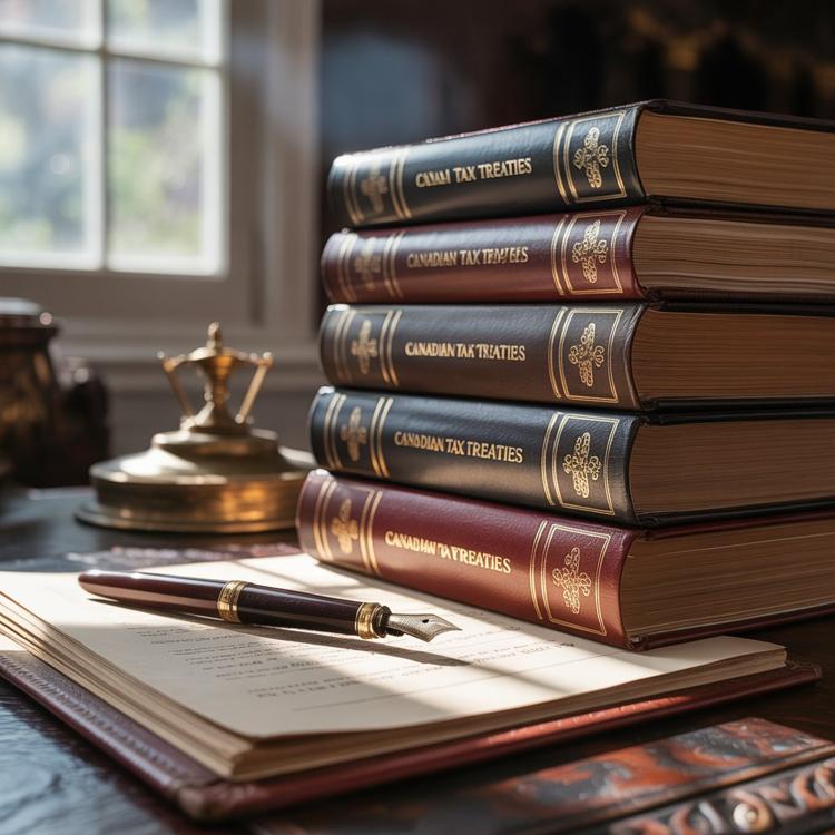 Leather-bound Canadian tax treaties stacked on a desk with papers and a quill pen