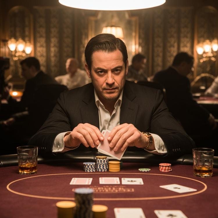A cinematic still of a high-stakes poker game unfolding in a dimly lit, opulent backroom.