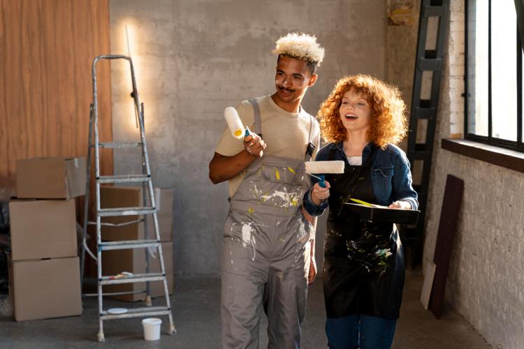 Couple holding paint brushes in a home under renovation