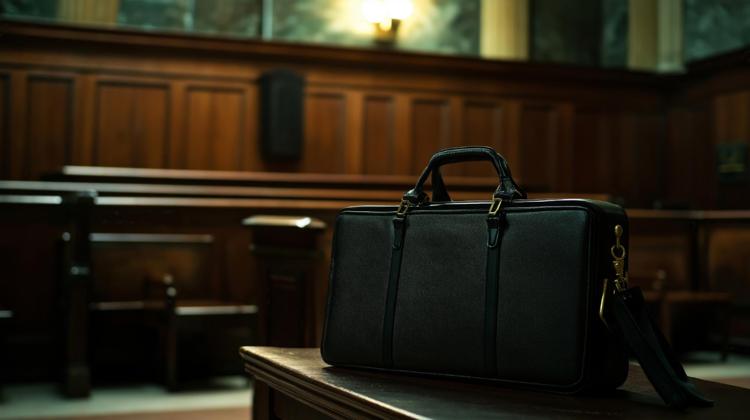 Black legal briefcase on a bench in a courtroom.