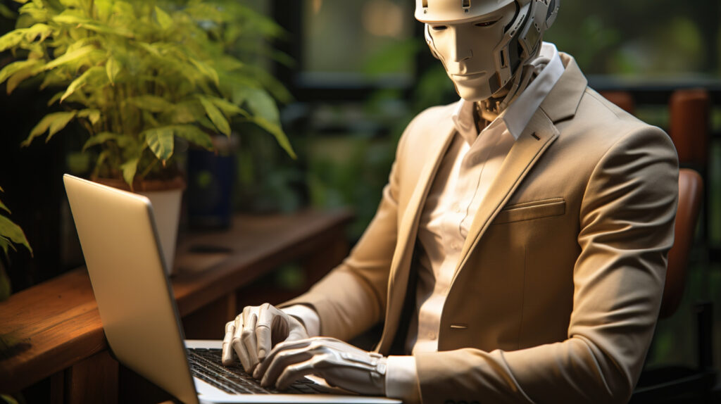 Close up on anthropomorphic robot working on computer