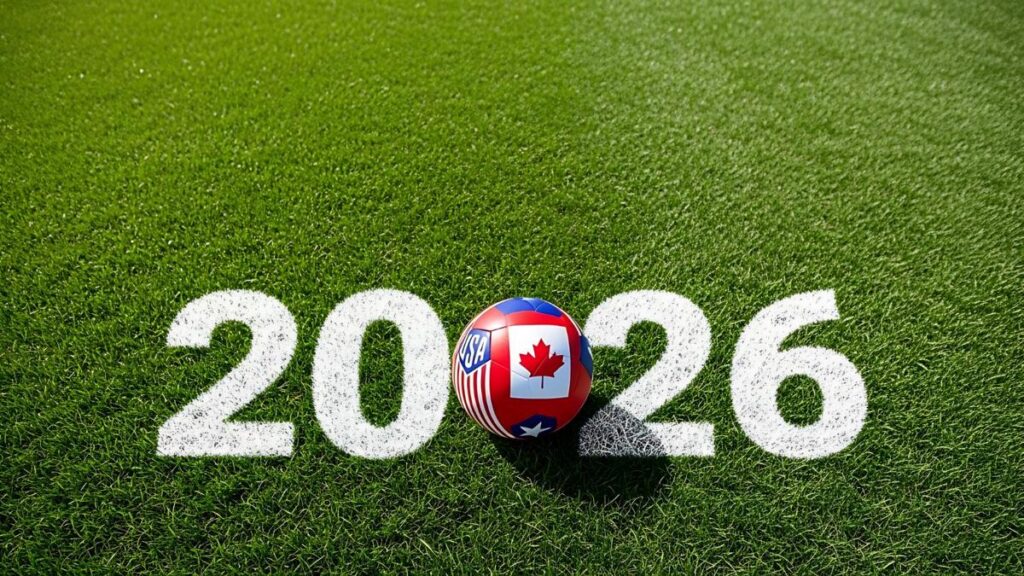 2026 FIFA World Cup soccer ball with Canada & USA logo on green grass field.