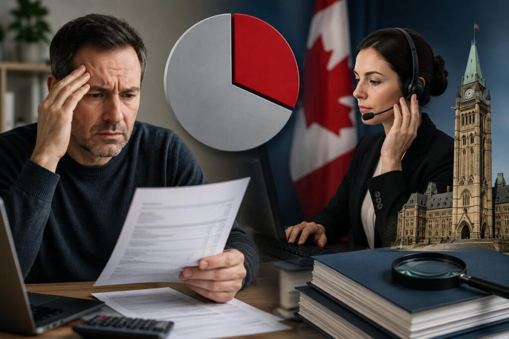 Concerned Canadian taxpayer reviewing tax documents while speaking with a CRA call centre representative, with Parliament, the Canadian flag, and audit reports in the background, symbolizing concerns about the accuracy of CRA tax advice and government oversight.