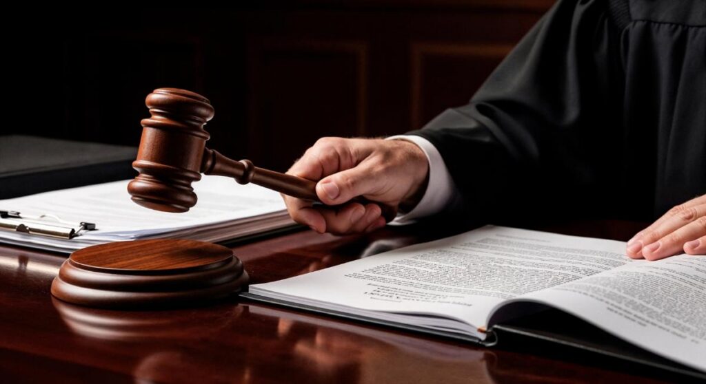 Judge holding gavel in courtroom with one hand placed in an open book