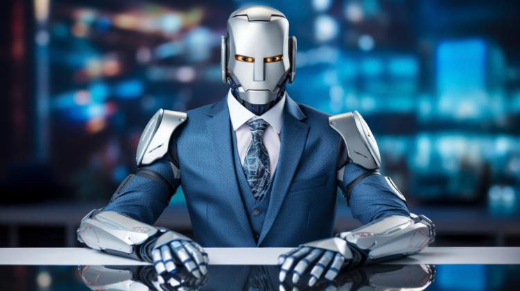 Robot wearing a suit at a desk looking directly at the camera