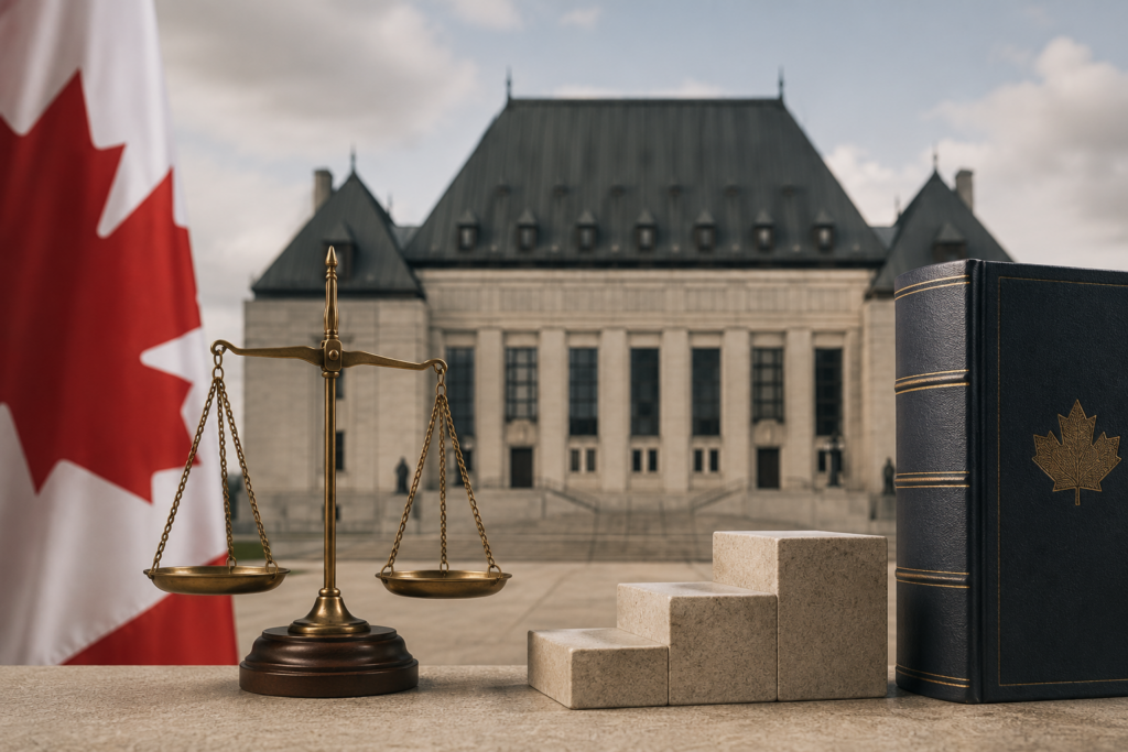 Canadian legal scales, flag, law book, and three-step blocks in front of the Supreme Court, representing the GAAR three-step test.